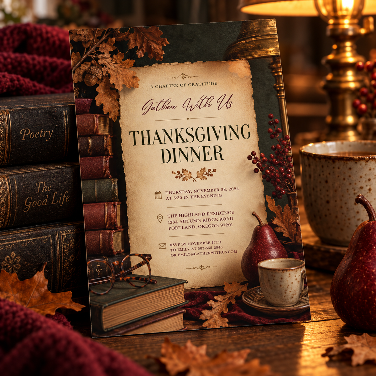 Thanksgiving Dinner invitation template with stacked books and glasses, editable vintage design