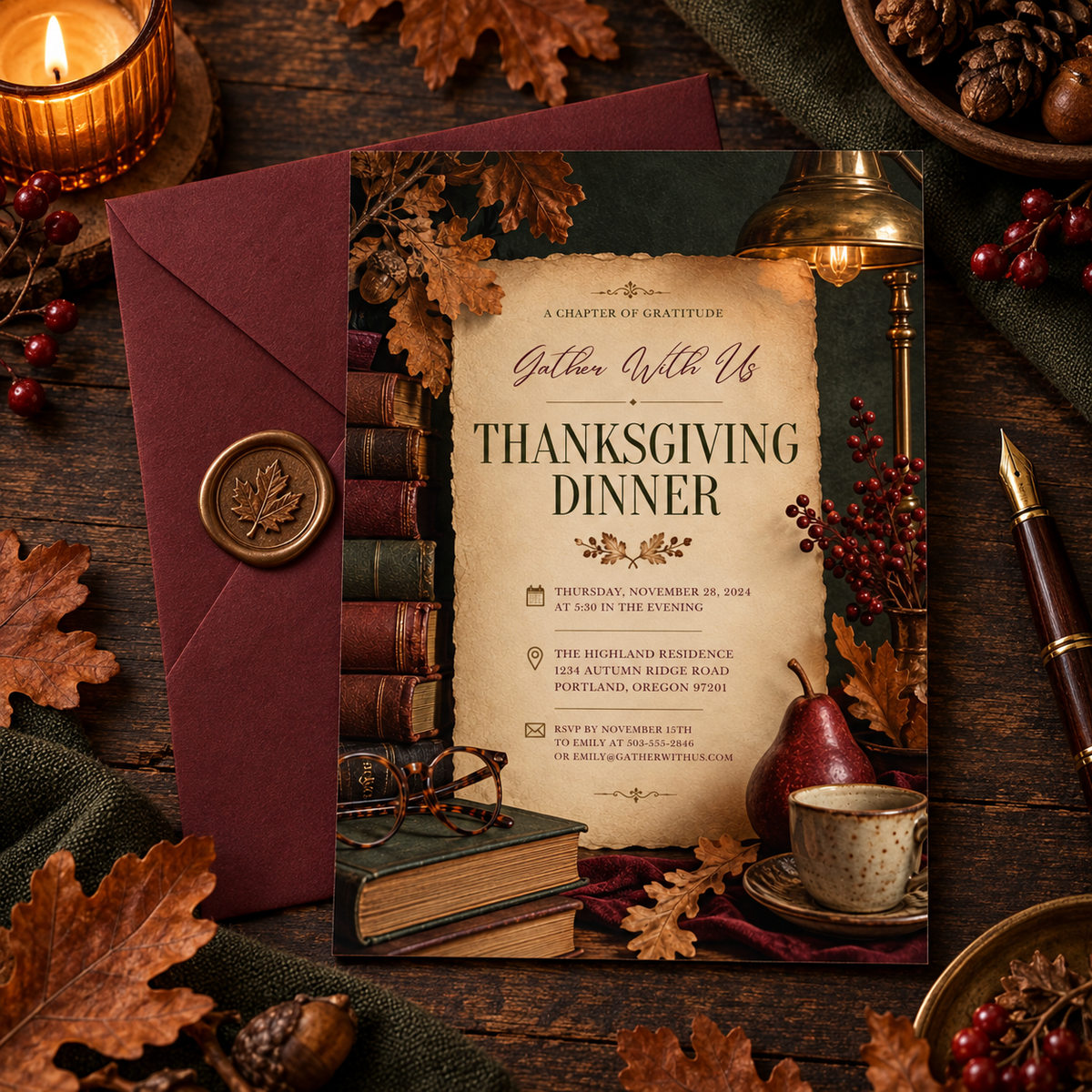 Thanksgiving Dinner invitation Canva template with burgundy envelope and wax seal, editable rustic design