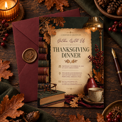 Thanksgiving Dinner invitation Canva template with burgundy envelope and wax seal, editable rustic design