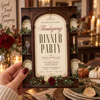 Thanksgiving Dinner Party invitation Canva template held in hand, editable carved wood cabinet design