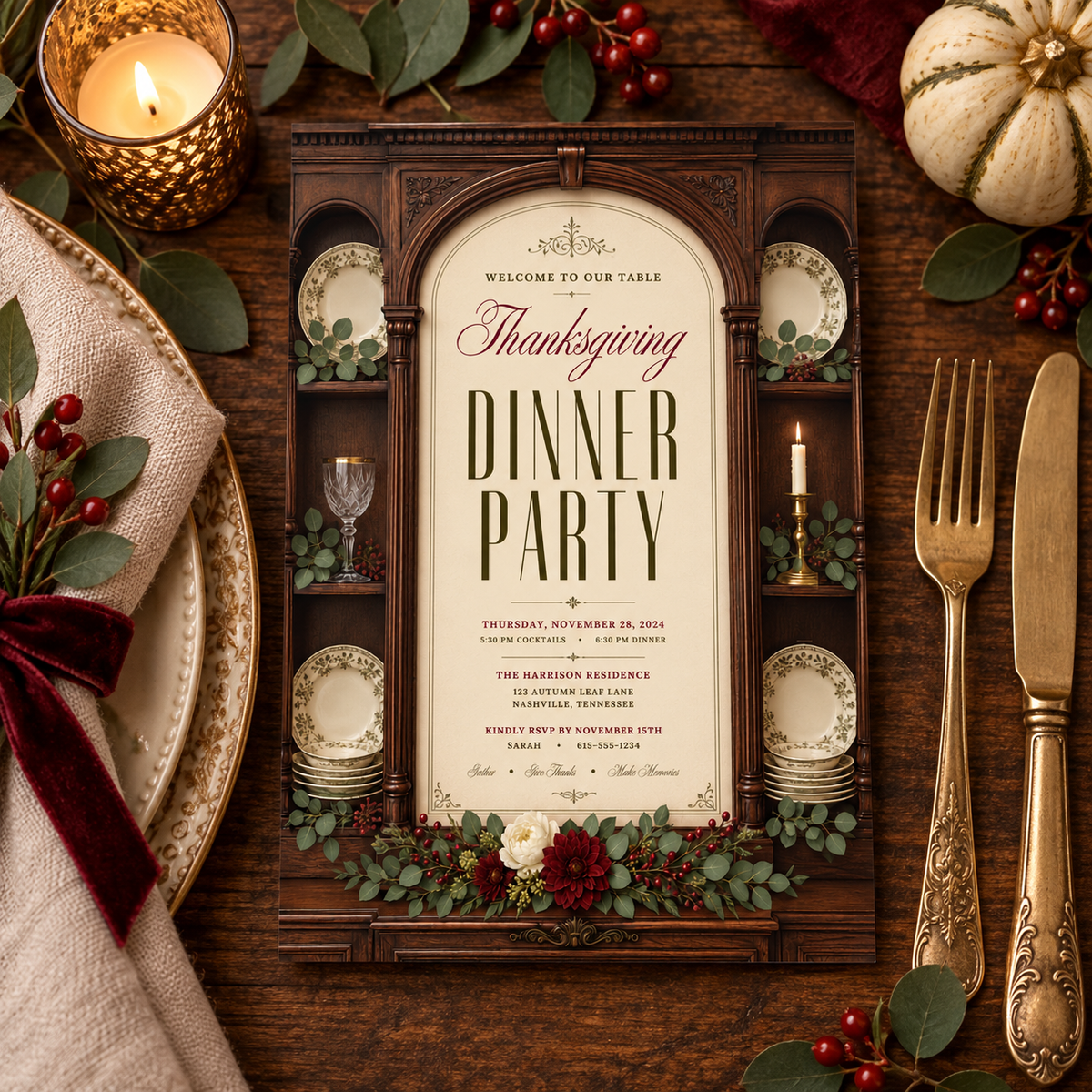 Thanksgiving Dinner Party invitation template with velvet ribbon and candle, editable vintage design