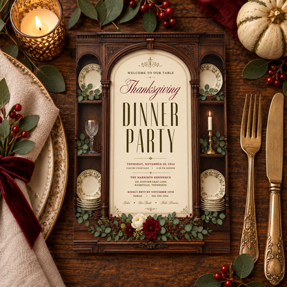 Thanksgiving Dinner Party invitation template with velvet ribbon and candle, editable vintage design