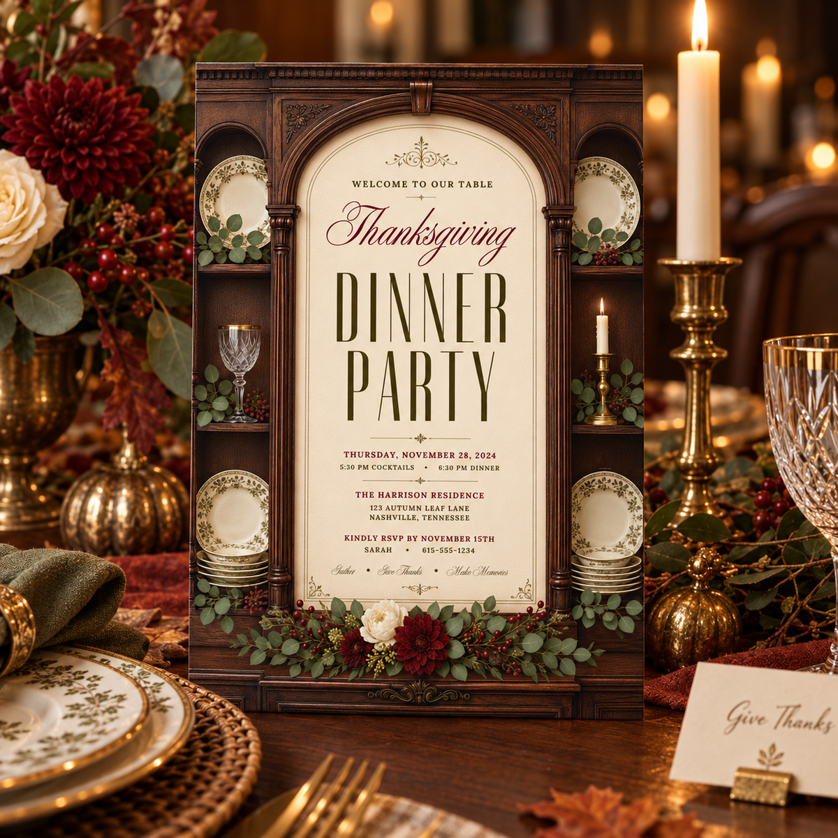 Thanksgiving Dinner Party invitation template displayed at candlelit table setting, editable digital download