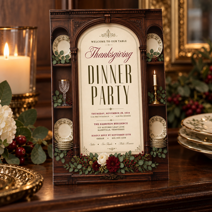 Thanksgiving Dinner Party invitation template with china plates and crystal goblet, editable formal design