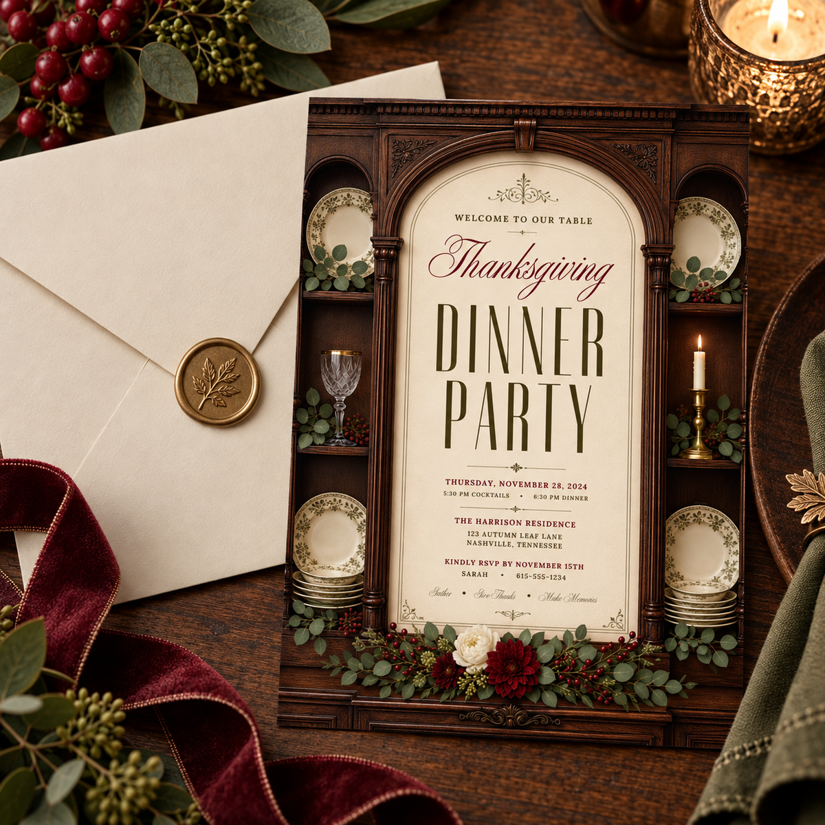 Thanksgiving Dinner Party invitation Canva template with cream envelope and wax seal, editable elegant design