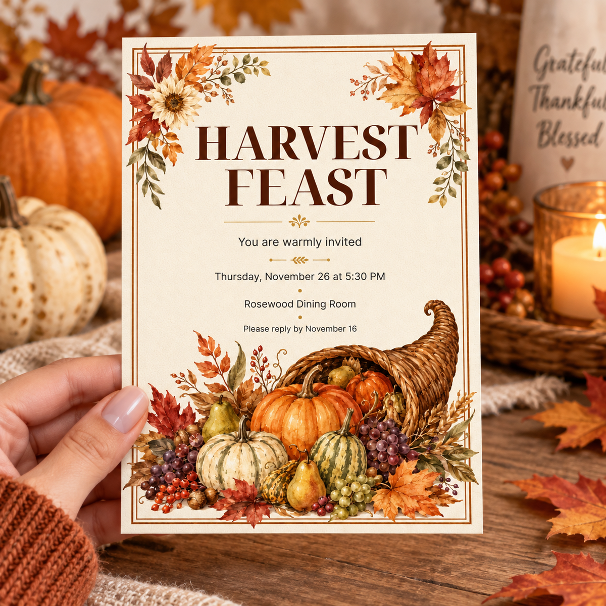 Harvest Feast Thanksgiving invitation Canva template held in hand, editable watercolor cornucopia design