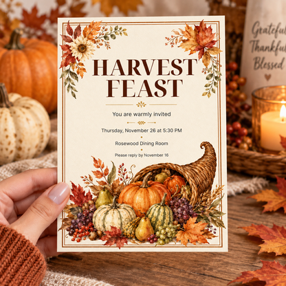 Harvest Feast Thanksgiving invitation Canva template held in hand, editable watercolor cornucopia design