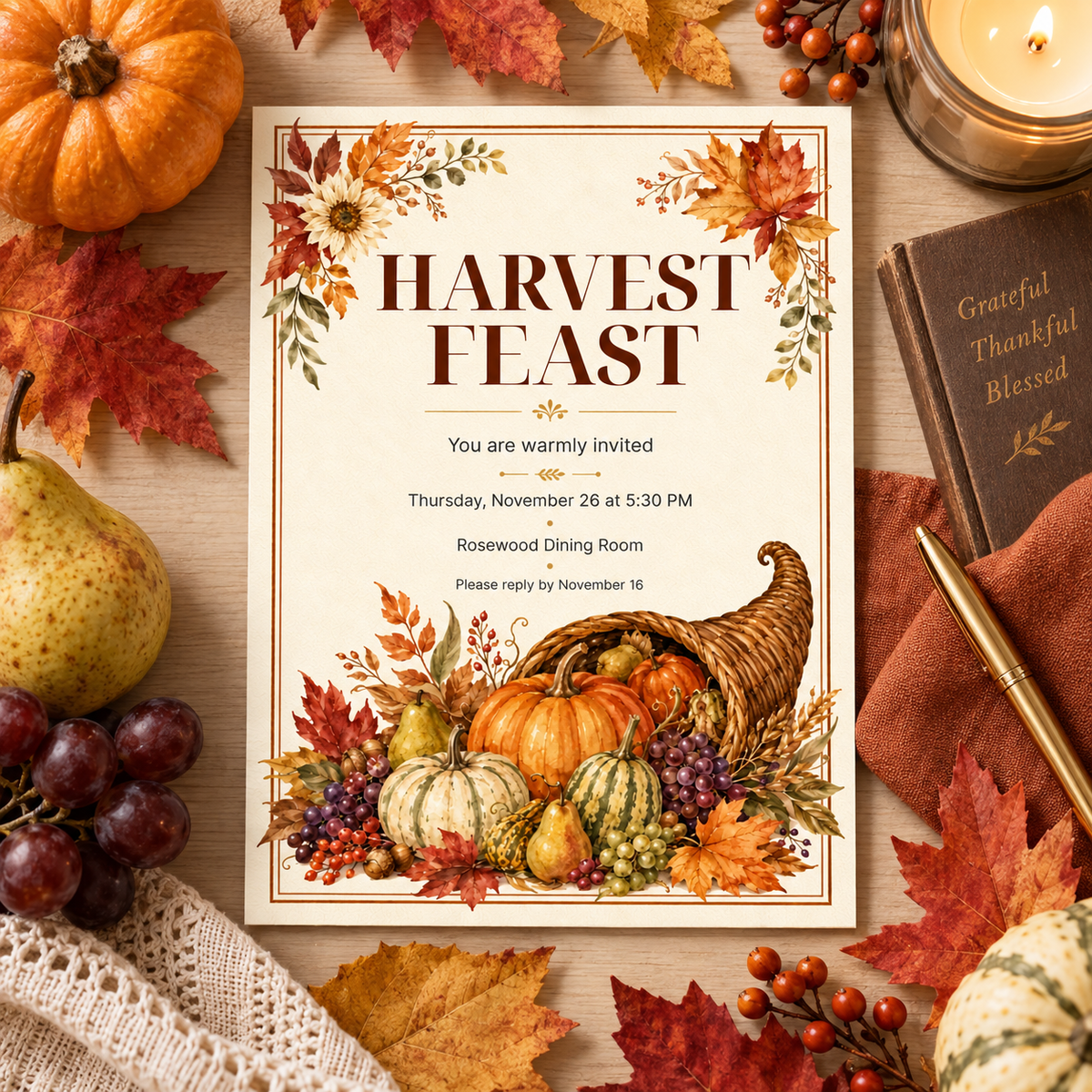 Harvest Feast Thanksgiving invitation template with pears and grapes, editable autumn design