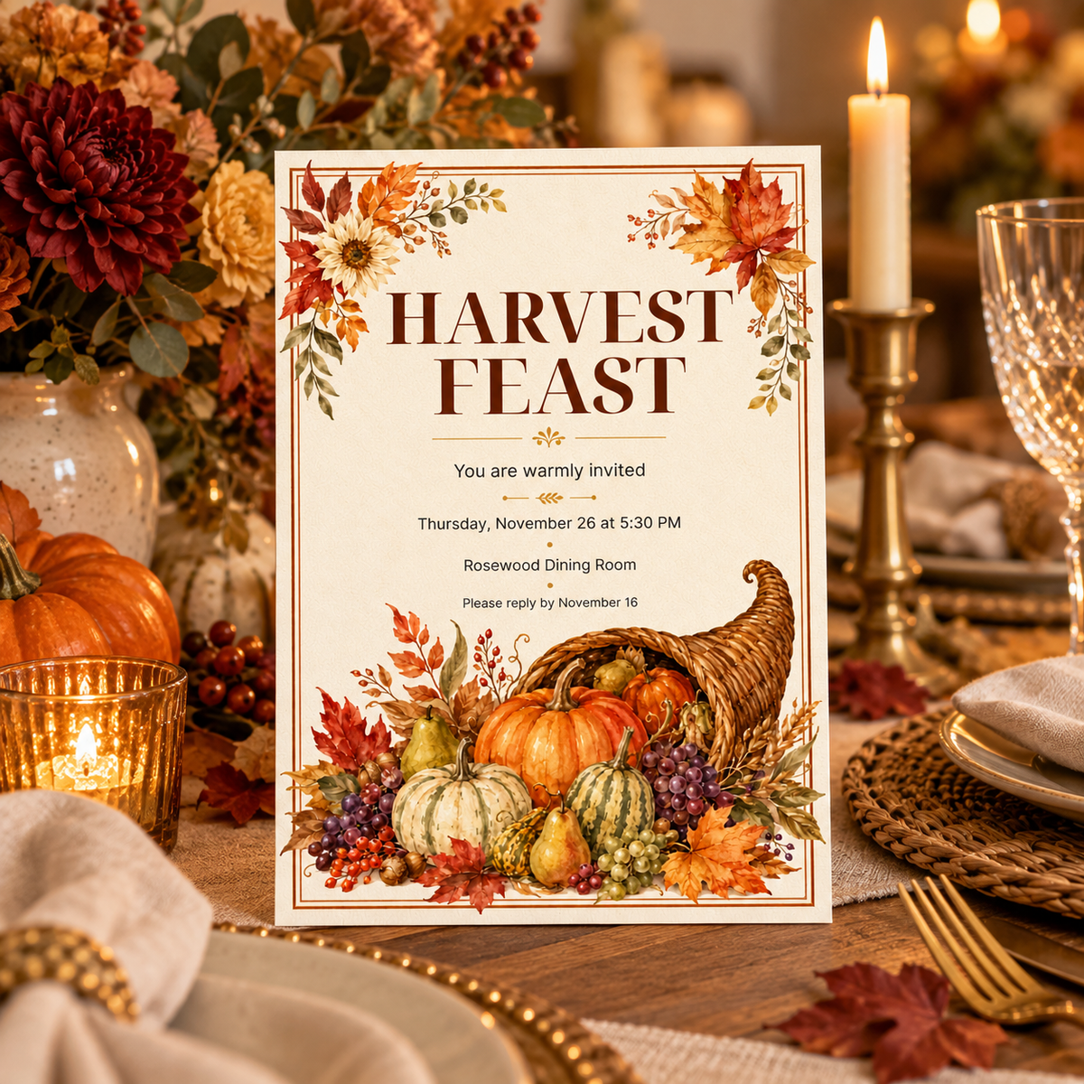 Harvest Feast Thanksgiving invitation template displayed at candlelit table setting, editable digital download