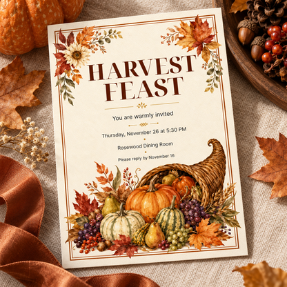 Harvest Feast Thanksgiving invitation template with acorns and pinecones, editable rustic design