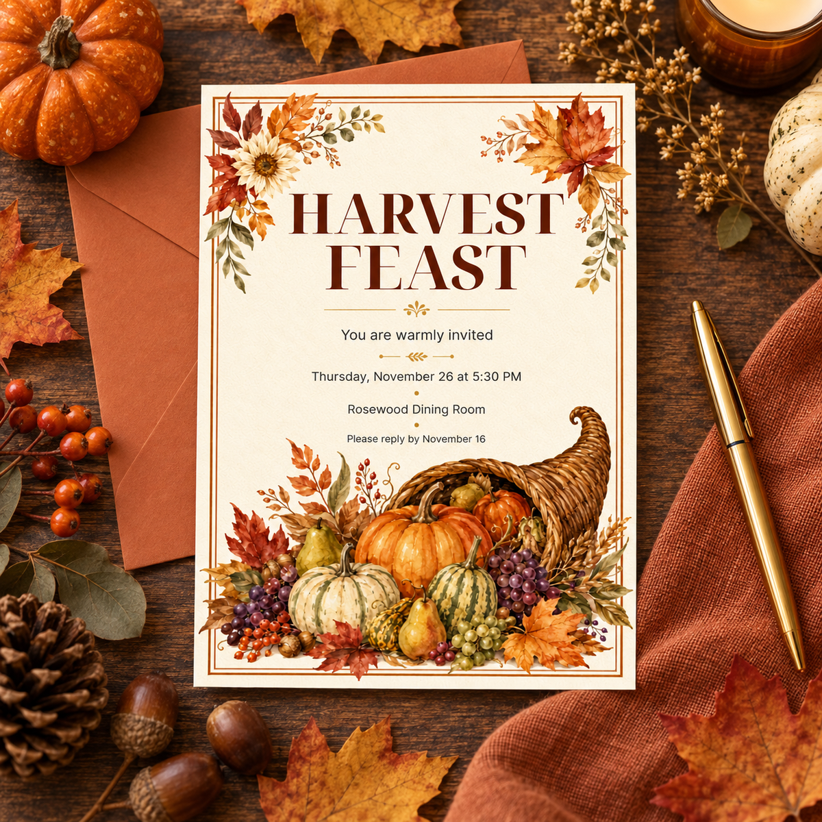 Harvest Feast Thanksgiving invitation Canva template with rust envelope, editable fall design