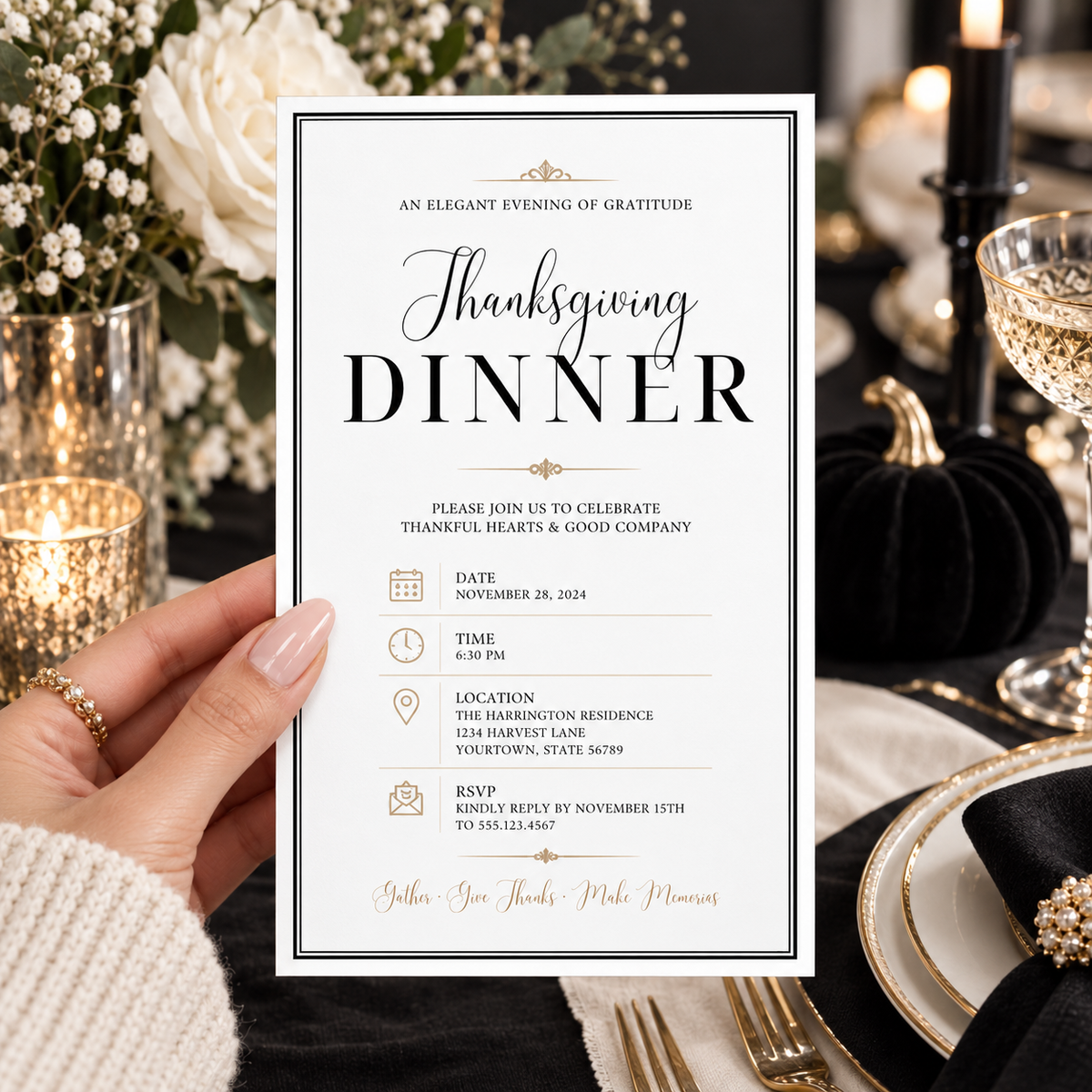 Thanksgiving Dinner invitation Canva template held in hand, editable modern black white design