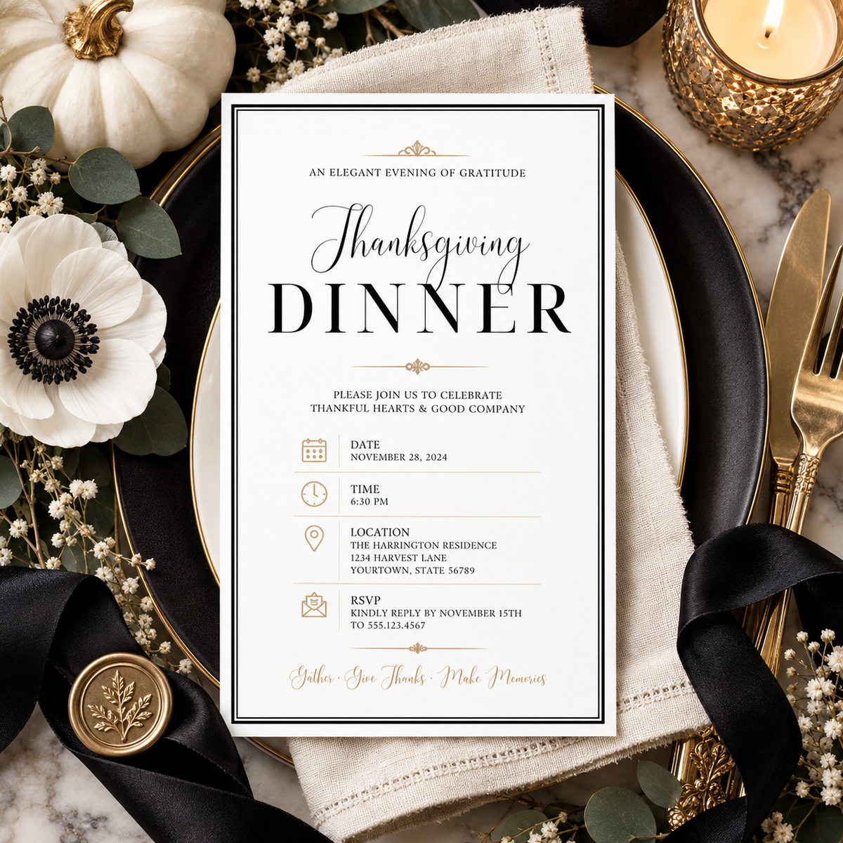 Thanksgiving Dinner invitation template with black ribbon and wax seal, editable elegant design