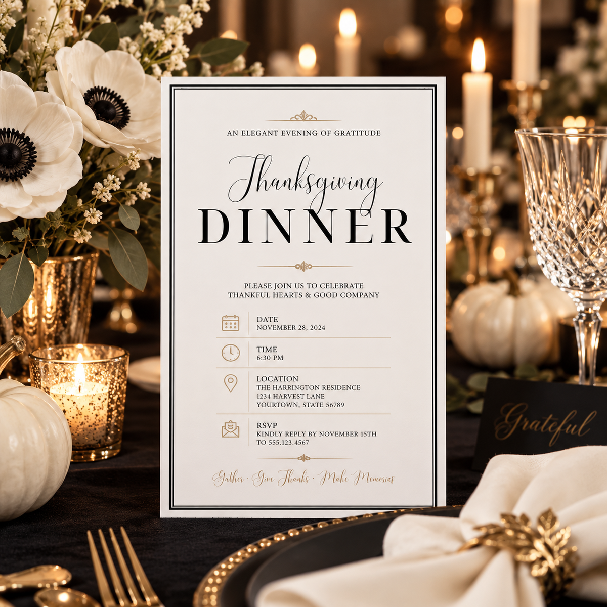 Thanksgiving Dinner invitation template displayed at candlelit table setting, editable digital download