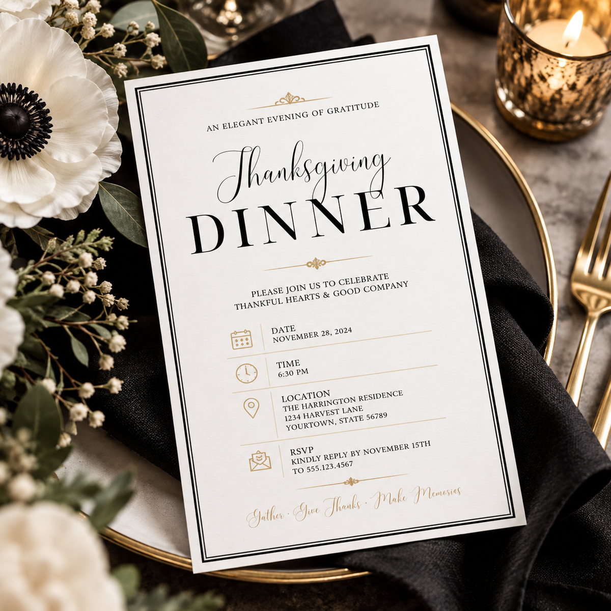 Thanksgiving Dinner invitation template with white anemones and pumpkins, editable modern design