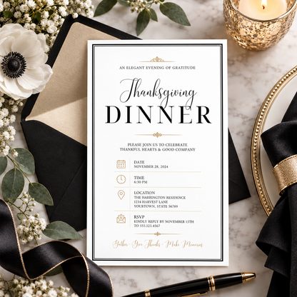 Thanksgiving Dinner invitation Canva template with black and gold envelope, editable elegant design