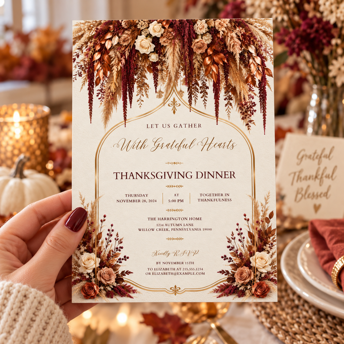 Thanksgiving Dinner invitation Canva template held in hand, editable dried floral boho design