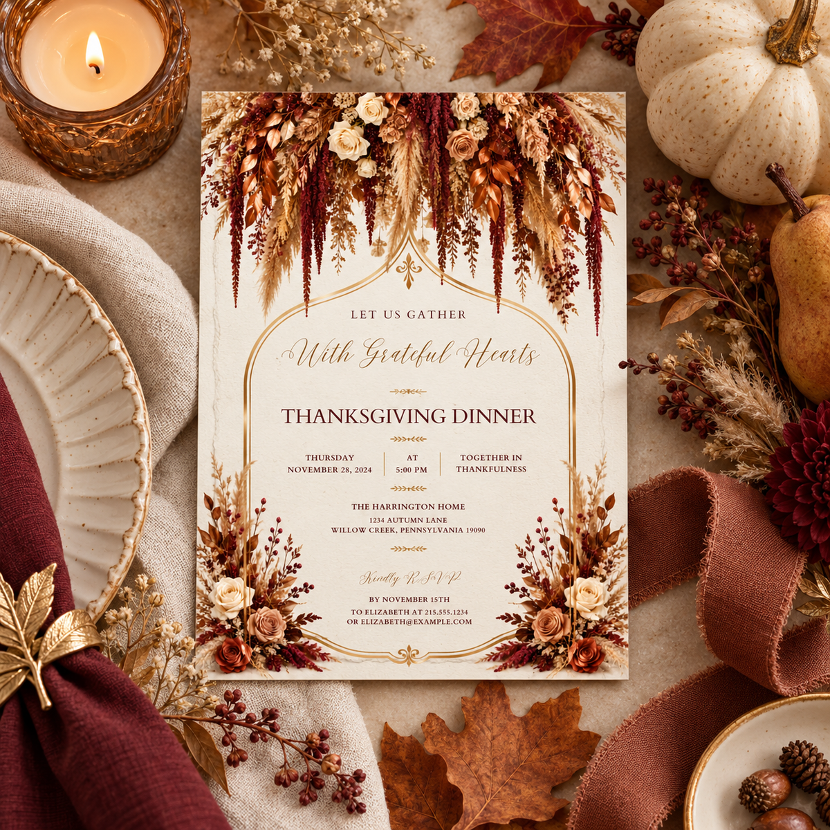 Thanksgiving Dinner invitation template with pear and dried florals, editable gold arch design