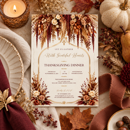 Thanksgiving Dinner invitation template with pear and dried florals, editable gold arch design