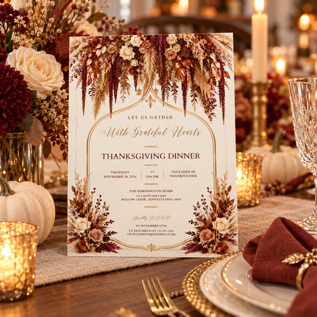 Thanksgiving Dinner invitation template displayed at candlelit table setting, editable digital download
