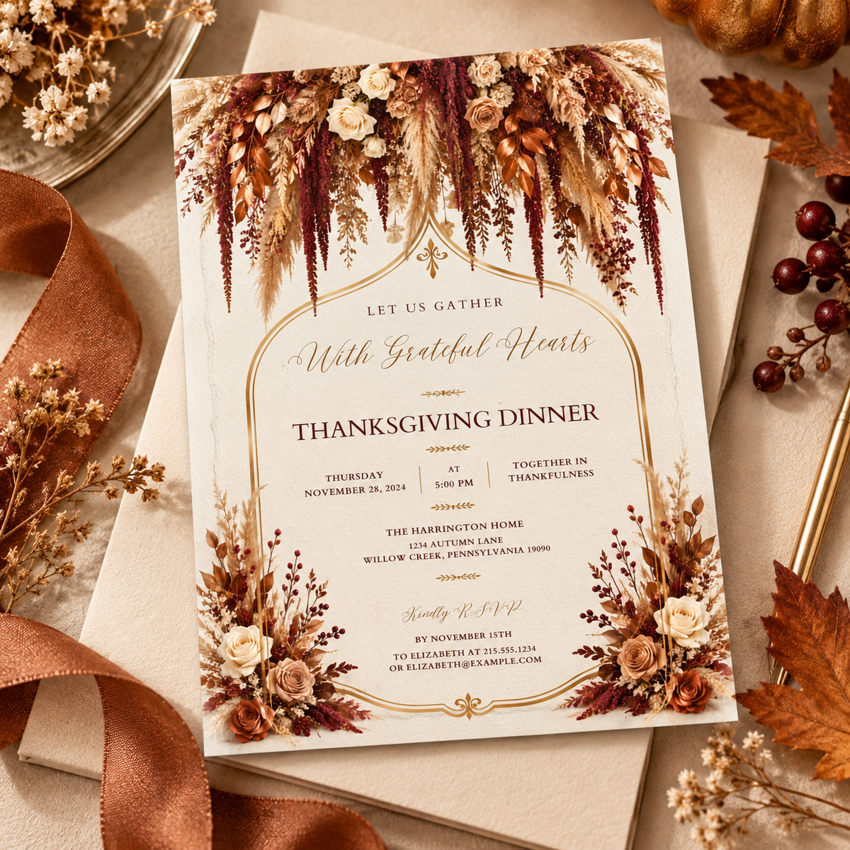 Thanksgiving Dinner invitation template with copper ribbon, editable pampas grass design