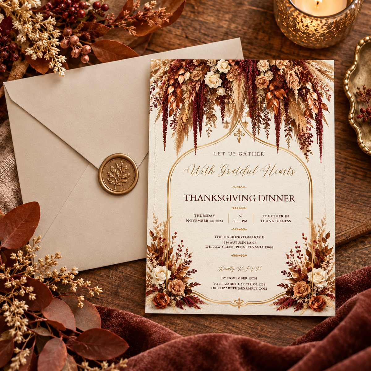 Thanksgiving Dinner invitation Canva template with taupe envelope and wax seal, editable elegant design