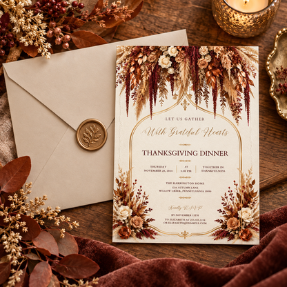 Thanksgiving Dinner invitation Canva template with taupe envelope and wax seal, editable elegant design