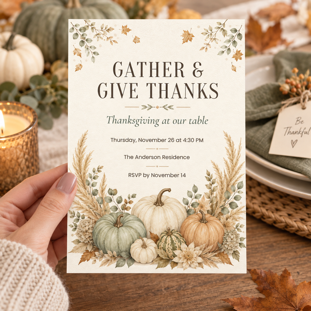 Gather and Give Thanks Thanksgiving invitation Canva template held in hand, editable heirloom pumpkin design