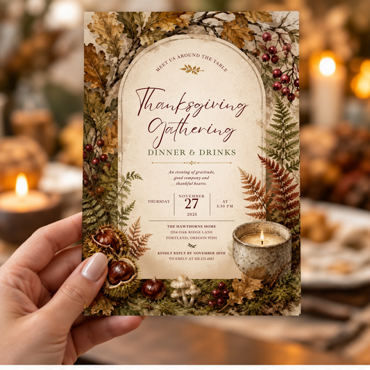 Hand holding a woodland Thanksgiving gathering invitation with oak leaves, ferns and chestnuts