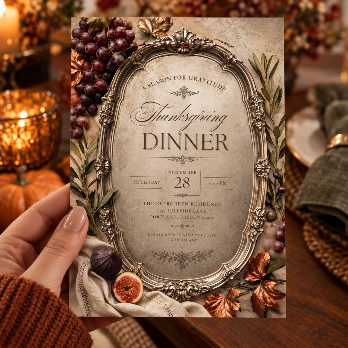Season for Gratitude Thanksgiving Dinner invitation Canva template held in hand, editable vintage silver frame design