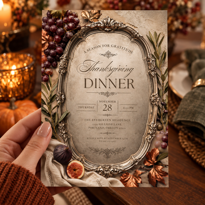 Season for Gratitude Thanksgiving Dinner invitation Canva template held in hand, editable vintage silver frame design