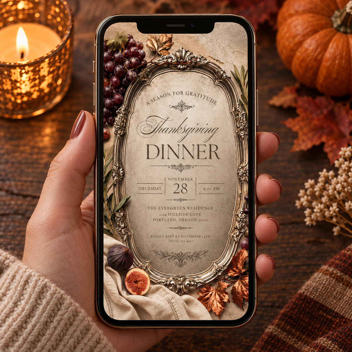 Thanksgiving Dinner invitation template shown on phone screen, editable ornate mirror design
