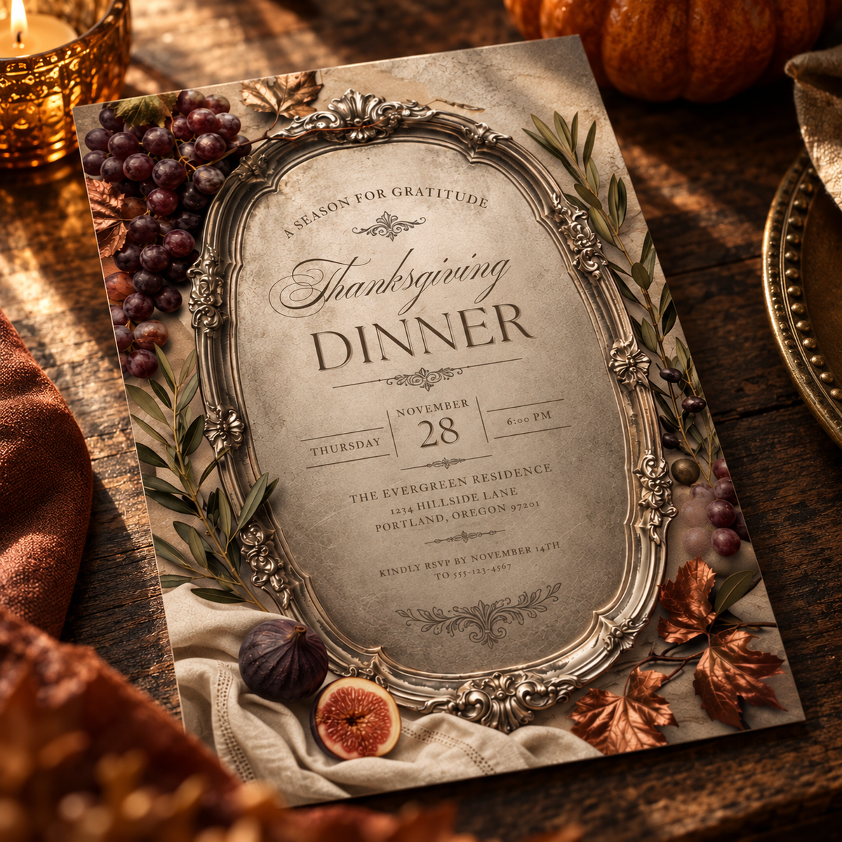 Thanksgiving Dinner invitation template with grapes and figs on wood table, editable elegant design