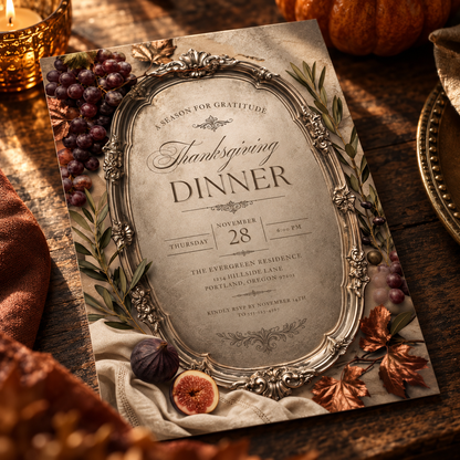 Thanksgiving Dinner invitation template with grapes and figs on wood table, editable elegant design