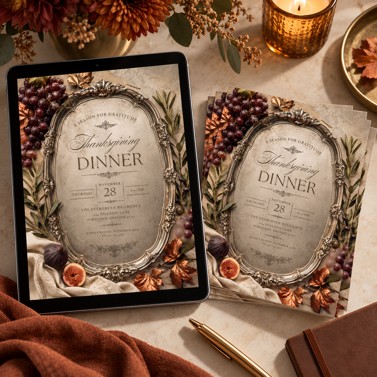 Thanksgiving Dinner invitation Canva template on tablet with printed stack, editable autumn design