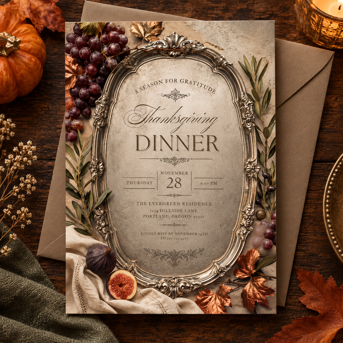 Thanksgiving Dinner invitation template with kraft envelope and pumpkin, editable copper leaf design