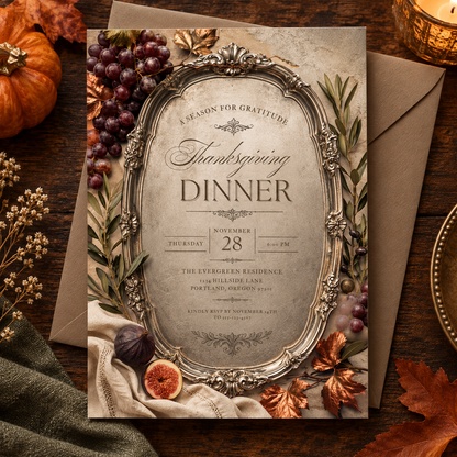 Thanksgiving Dinner invitation template with kraft envelope and pumpkin, editable copper leaf design