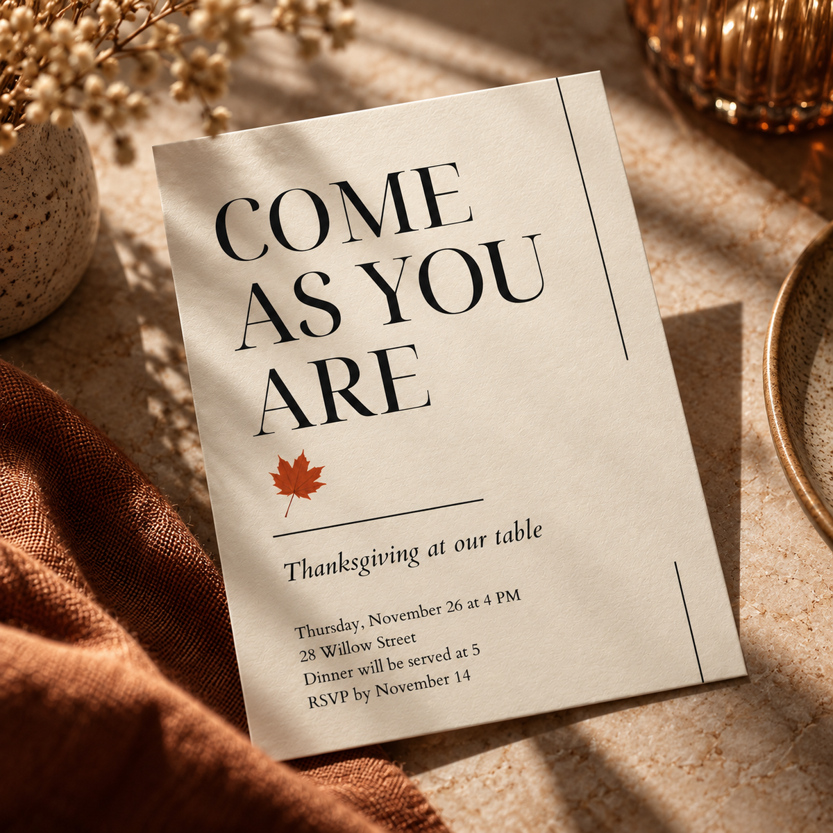 Thanksgiving invitation template on marble with maple leaf, editable contemporary design