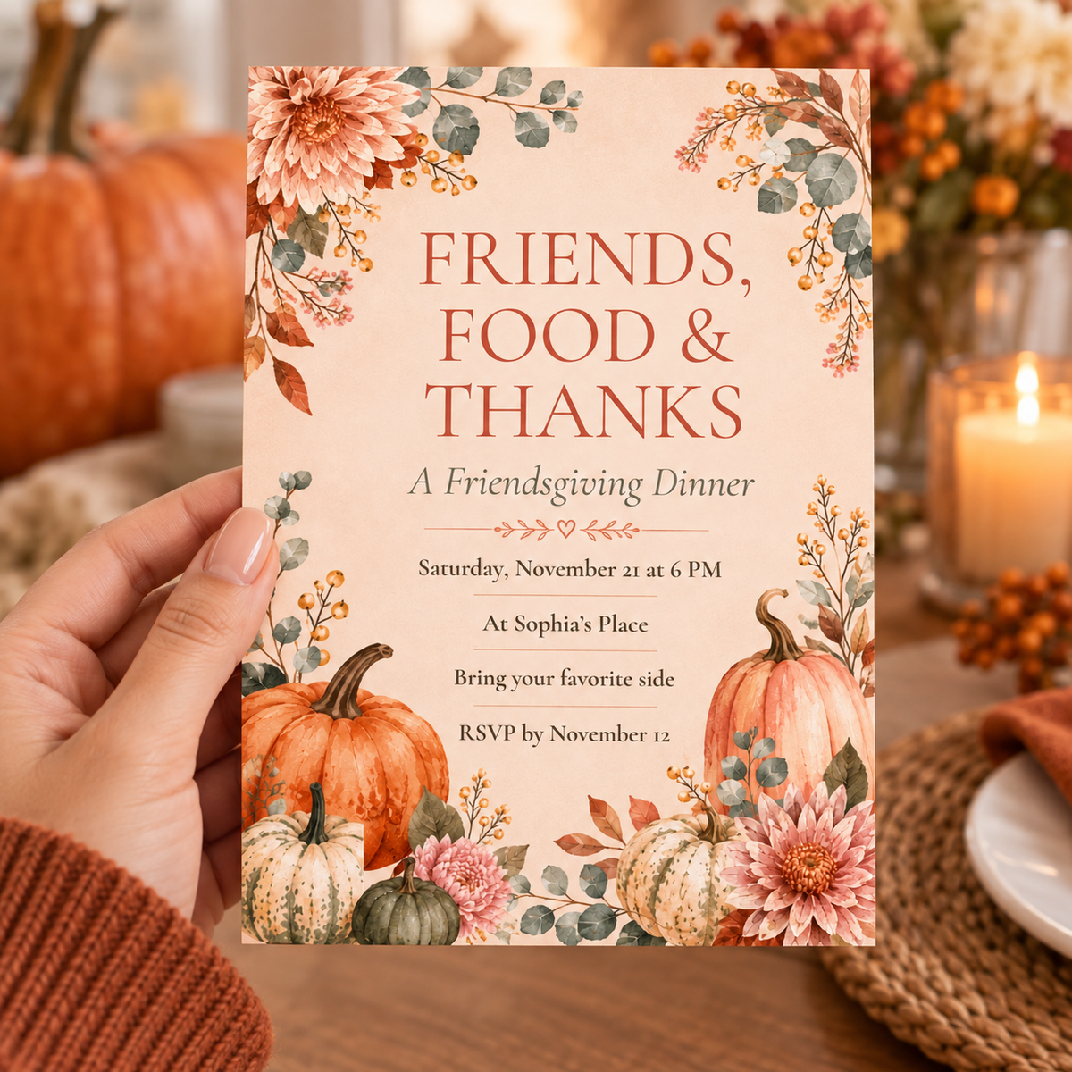 Friends Food and Thanks Friendsgiving Dinner invitation Canva template held in hand, editable dahlia pumpkin design