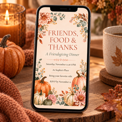 Friendsgiving Dinner invitation template shown on phone screen, editable autumn floral design