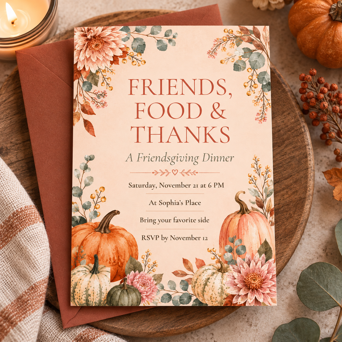 Friendsgiving Dinner invitation template with rust envelope and pumpkins, editable eucalyptus design