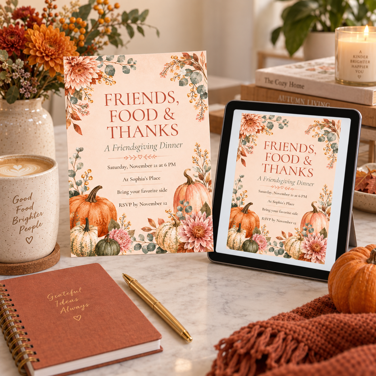 Friendsgiving Dinner invitation Canva template on tablet and print, editable blush peach design