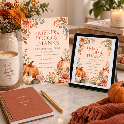 Friendsgiving Dinner invitation Canva template on tablet and print, editable blush peach design