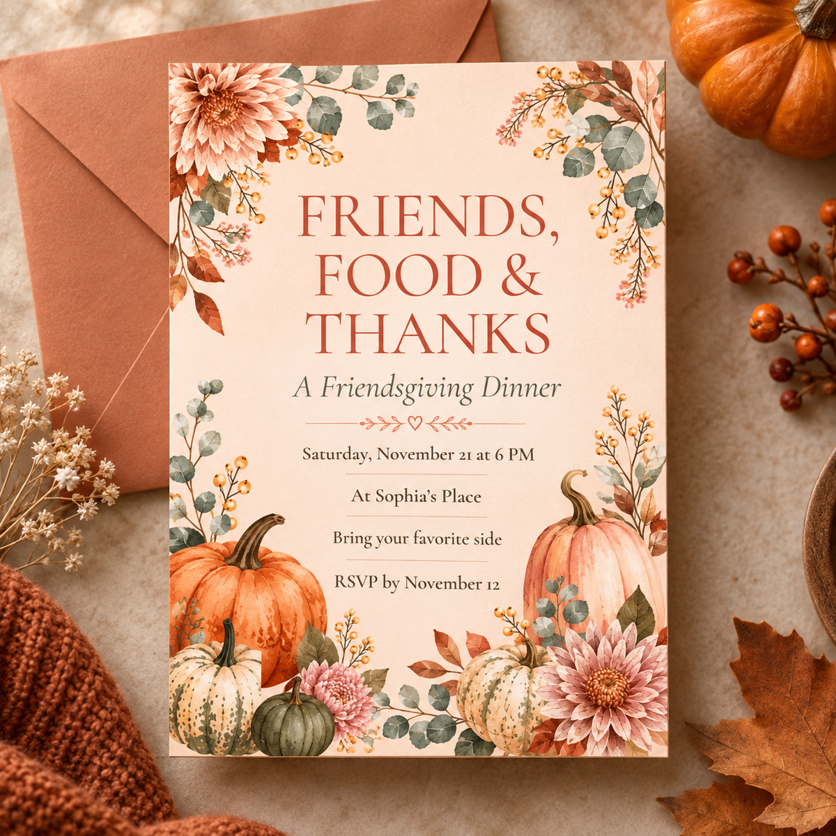 Friendsgiving Dinner invitation template with rust envelope, editable watercolor bloom design
