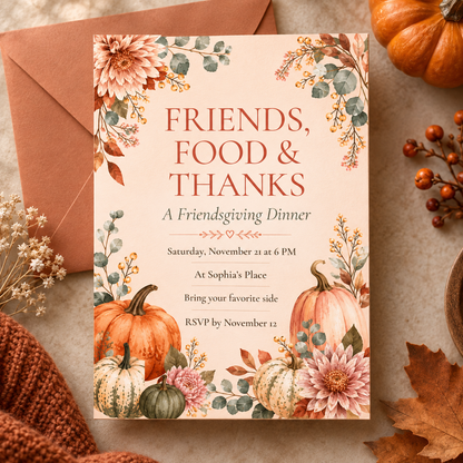 Friendsgiving Dinner invitation template with rust envelope, editable watercolor bloom design
