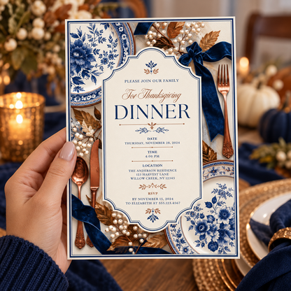 Thanksgiving Dinner invitation Canva template held in hand, editable navy blue chinoiserie design