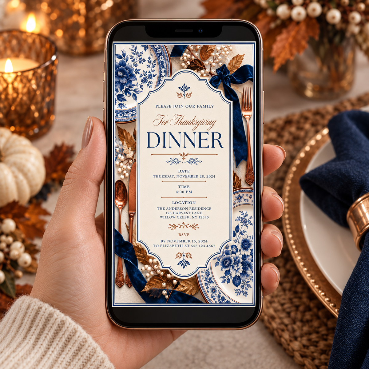 Thanksgiving Dinner invitation template shown on phone screen, editable copper flatware design