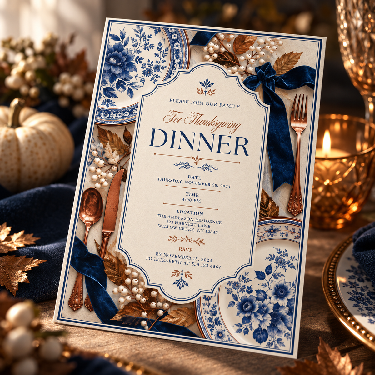 Thanksgiving Dinner invitation template with blue china and velvet ribbon, editable elegant design