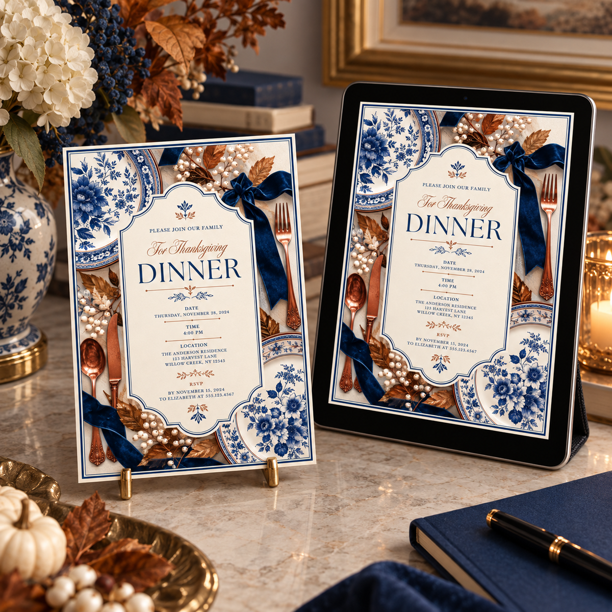 Thanksgiving Dinner invitation Canva template on easel and tablet, editable formal dinner design