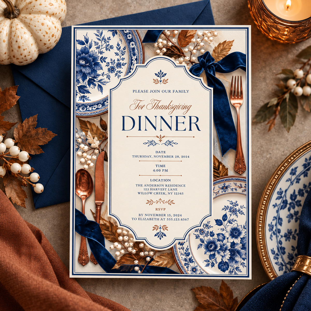 Thanksgiving Dinner invitation template with navy envelope, editable classic blue design